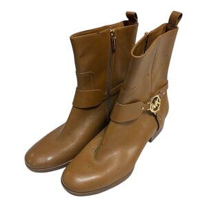 Michael Kors MK Logo Ankle Boots Brown Leather Size 10W Wide Low Heel